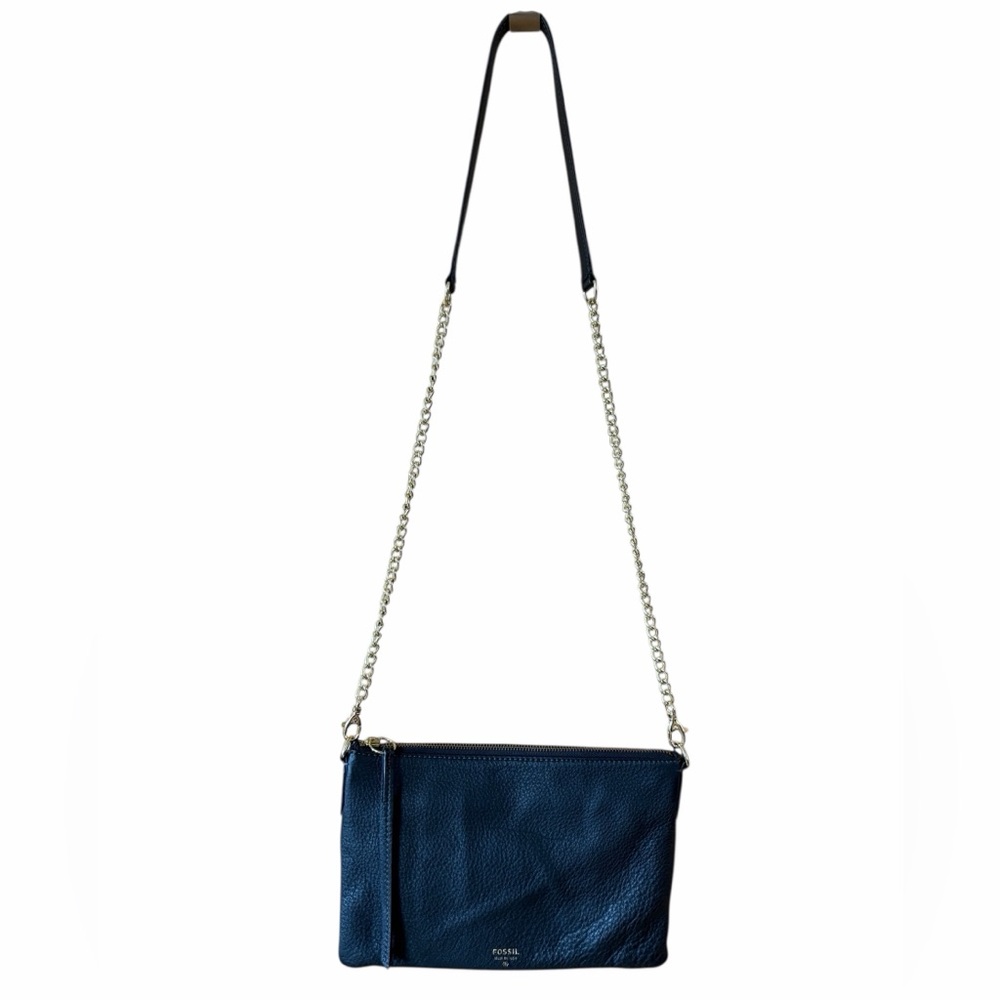 FOSSIL BLACK LEATHER GOLD CHAIN CROSSBODY‎ HANDBAG SHOULDER BAG PURSE